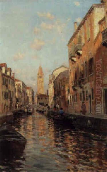 Gondolas On A Venetian Canal Oil Painting by Bernardo Hay