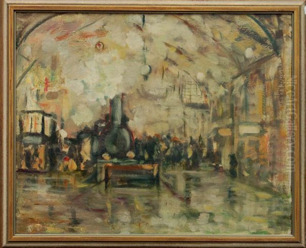 Dampflokomotive Im Bahnhof Oil Painting by Hans Baluschek