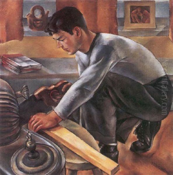 Worker Oil Painting by Miki McCrossen Hayakawa