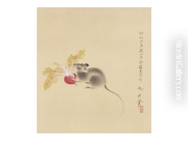 A Mouse With A Red Turnip Oil Painting by Gyoshu Hayami