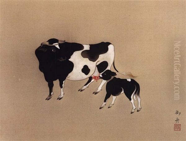 Cow And Calf Oil Painting by Gyoshu Hayami