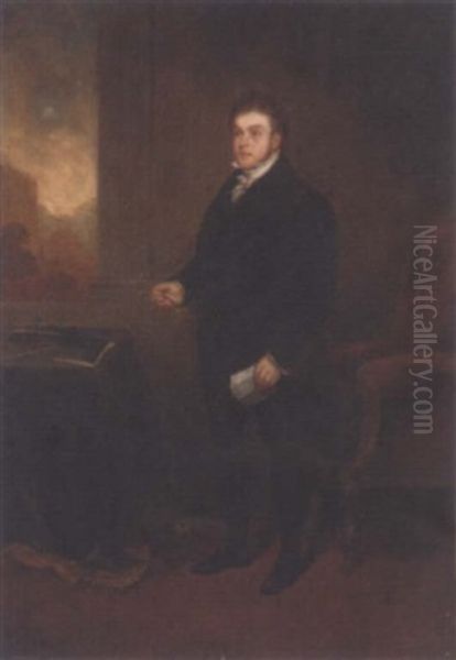 Portrait Of Robert Hawkes, Holding A Letter And Spectacles, In An Interior, A Landscape Beyond Oil Painting by Benjamin Robert Haydon