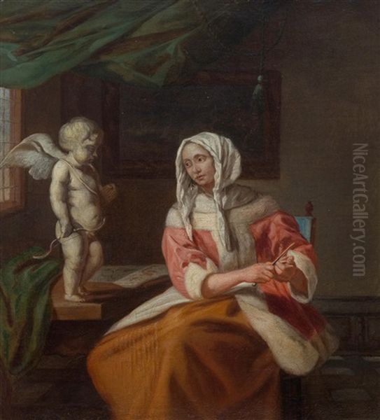 A Noblewoman And A Putto In An Interior Oil Painting by Reinier De La Haye