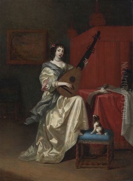 Portrait Of A Young Woman Playing The Lute Oil Painting by Reinier De La Haye