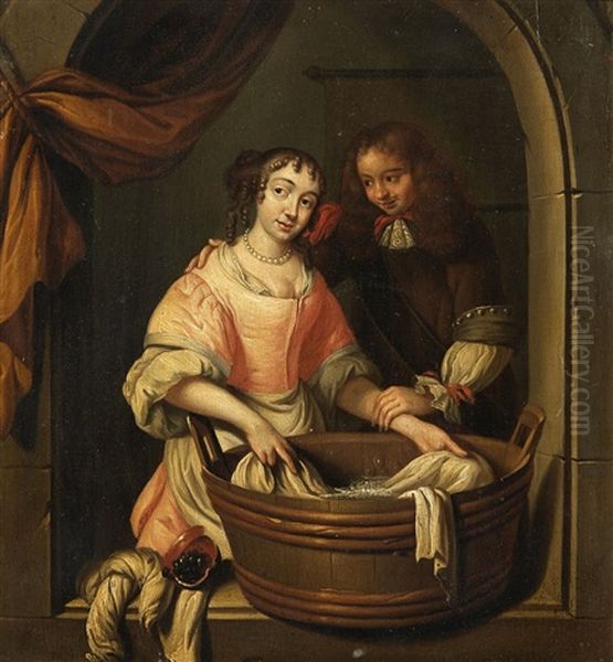 A Young Couple By A Washing Trough Oil Painting by Reinier De La Haye