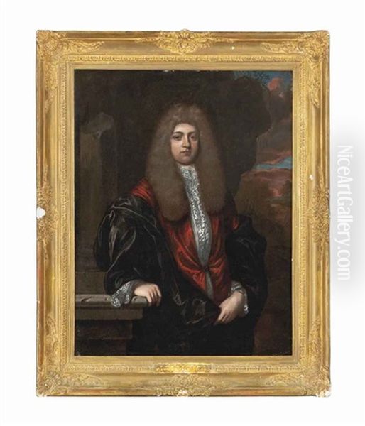 Portrait Of A Gentleman, Three-quarter-length, In A Red Coat And Black Robe, In A Landscape Oil Painting by Reinier De La Haye