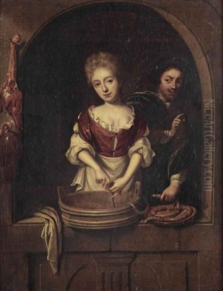 A Maid Preparing Sausages With A Young Man Oil Painting by Reinier De La Haye