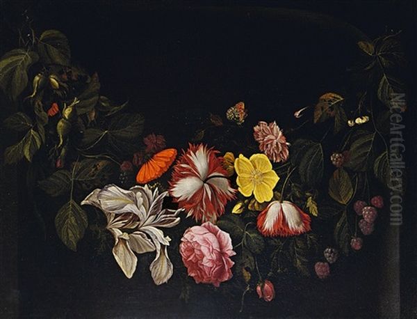 Blumenfeston Mit Haselnussen Und Himbeeren, Schmetterling Und Libelle Oil Painting by Reinier De La Haye