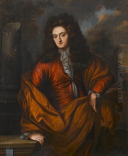 Portrait Of A Gentleman, In A Russet Coat With A Brown Wrap Standing Before A Stone Column Oil Painting by Reinier De La Haye