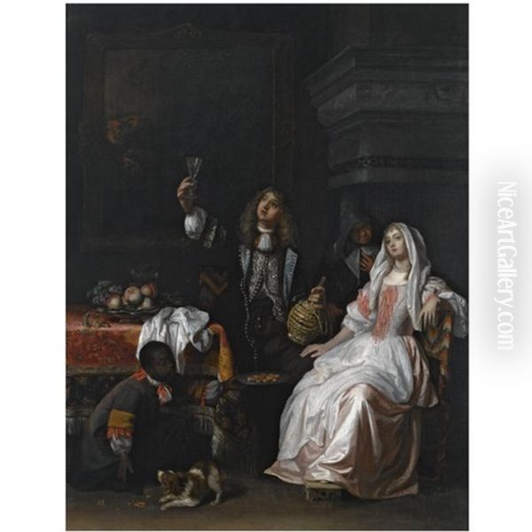 An Elegant Couple Drinking In An Interior, Together With A Servant Offering Biscuits And An Elderly Woman Oil Painting by Reinier De La Haye