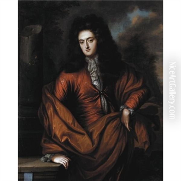 Portrait Of A Gentleman, Half Length, Wearing Red With An Orange Cloak, Standing In A Landscape Oil Painting by Reinier De La Haye