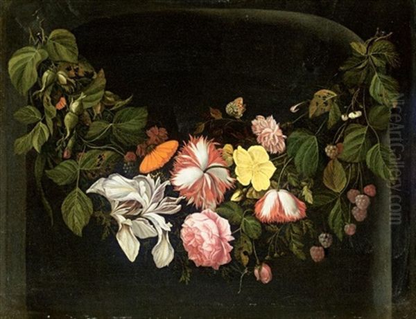 Still Life Of Flowers With A Branch Of Loganberries, A Butterly And A Dragonfly Oil Painting by Reinier De La Haye