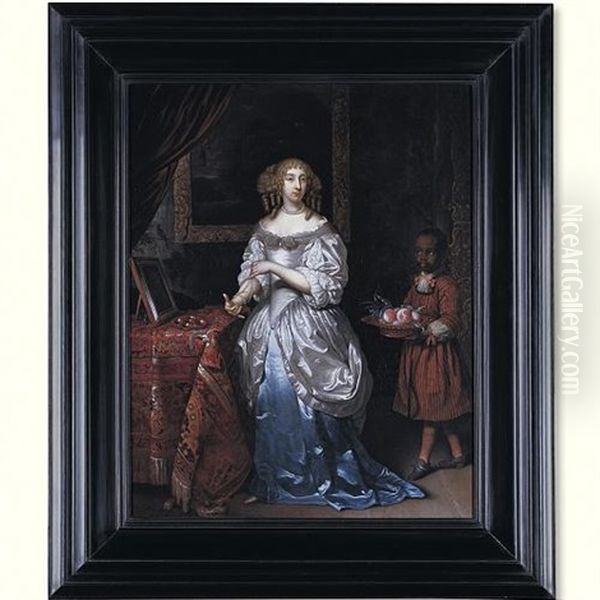 An Interior With A Young Lady In A Blue And White Satin Dress, Standing By A Dressing Table With A Page Carrying A Bowl Of Peaches Oil Painting by Reinier De La Haye