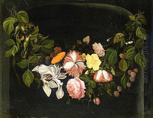 Still Life Of Flowers With A Branch Of Loganberries, A Butterfly And A Dragonfly Oil Painting by Reinier De La Haye