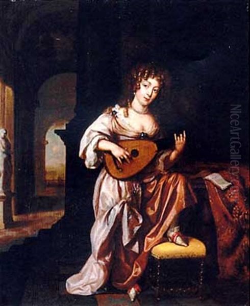 An Elegant Lady Playing The Lute, Seated By A Draped Table, A Terrace Beyond by Reinier De La Haye