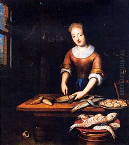 A Young Lady Gutting Fish In An Interior Oil Painting by Reinier De La Haye