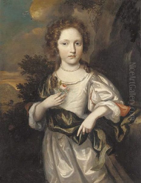 Portrait Of A Young Girl In A White Dress With A Green Shawl, A Rose In Her Right Hand Oil Painting by Reinier De La Haye