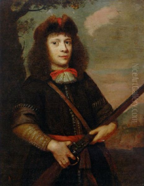 Portrait Of A Young Hunter In A Brown Coat With A Lace Collar And Fur Hat, Holding A Gun Oil Painting by Reinier De La Haye