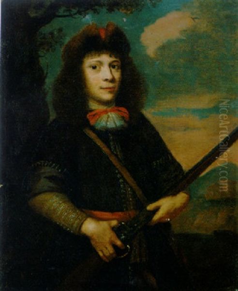 Portrait Of A Young Hunter In A Brown Coat With A Lace Collar And A Fur Hat, Holding A Gun Oil Painting by Reinier De La Haye