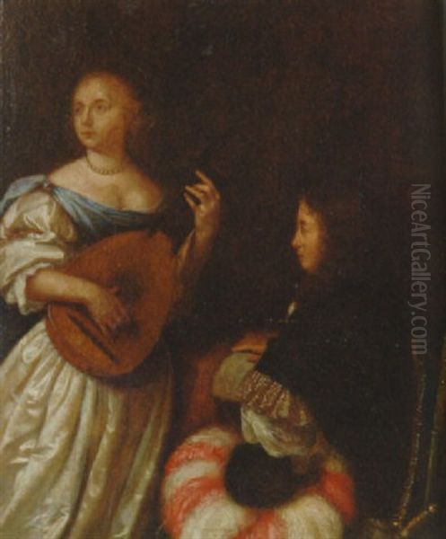 A Woman Playing A Lute With A Man Holding A Musical Manuscript In An Interior Oil Painting by Reinier De La Haye