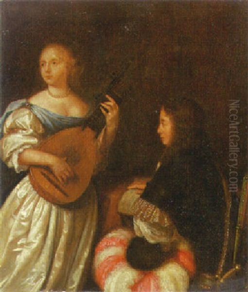 A Woman Playing A Lute And A Man With A Musical Score, In An Interior Oil Painting by Reinier De La Haye