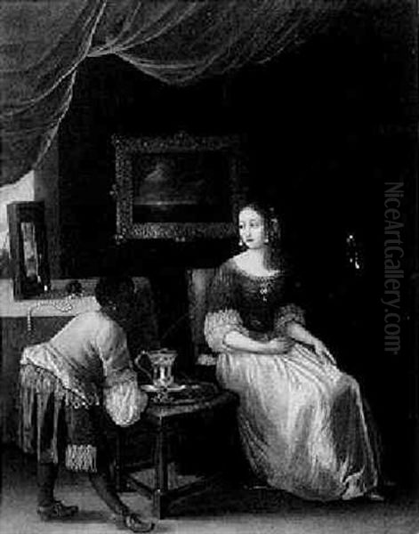 An Interior With A Lady And Her Servant Oil Painting by Reinier De La Haye