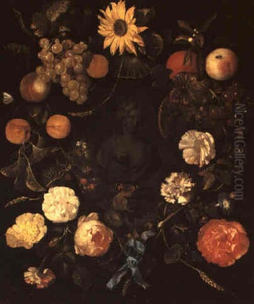 Still Life Of A Festoon Of Fruit And Flowers Adorning A     Stone Niche With A Female Bust Oil Painting by Reinier De La Haye