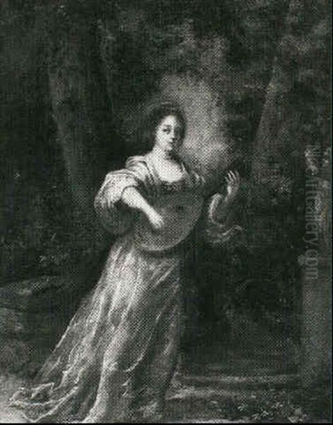 A Portrait Of A Lady Standing, Full Length, Playing A Lute  In A Garden Beside A Statue Of Cupid Oil Painting by Reinier De La Haye