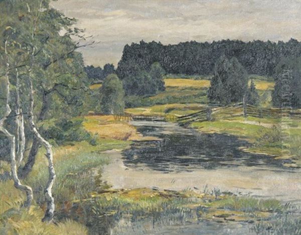 Wiesenlandschaft Mit Weiden An Einem Bachlauf Oil Painting by Hans von Hayek