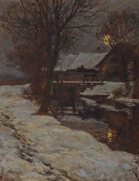 Winterliches Bauerngehoft Im Mondschein Oil Painting by Hans von Hayek