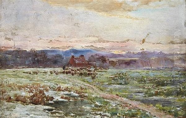 Checking The Flock At Sunset Oil Painting by Claude Hayes