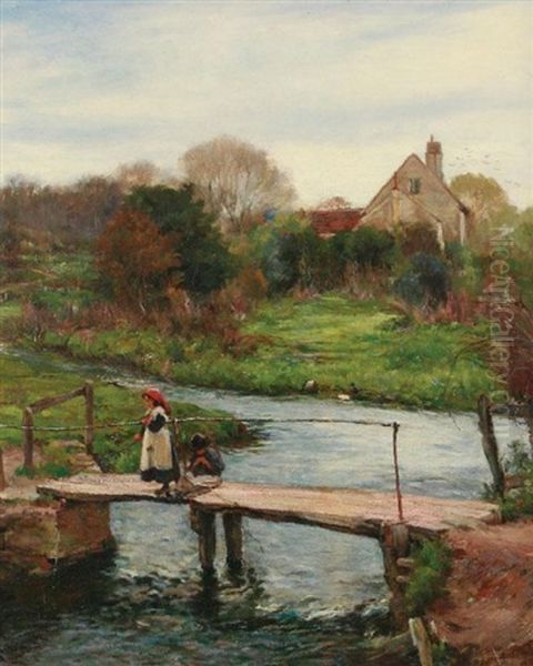 Children Playing On A Bridge Oil Painting by Claude Hayes