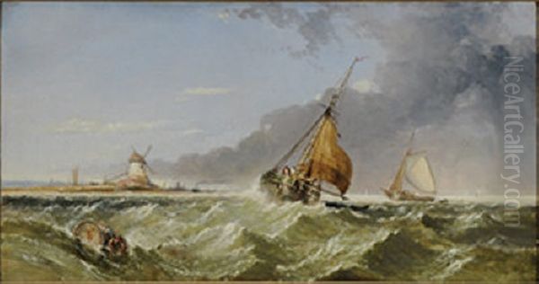 Shipping Off A Stormy Coast With Windmill by Edward Hayes