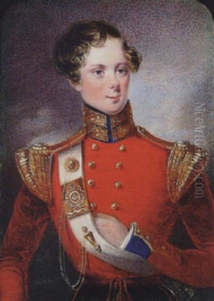 Lieutenant William Garforth Wearing Uniform, Scarlet Coat With Gold Embroidered Collar And Cuffs, Gold Wing Epaulettes And Buttons... Oil Painting by Edward Hayes