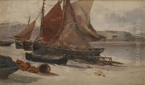 Fishing Boats On A Welsh Beach Oil Painting by Edwin Hayes