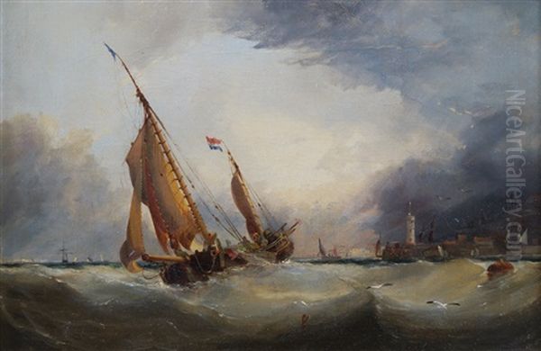 A Dutch Galliot Off Kingstown Harbour Oil Painting by Edwin Hayes