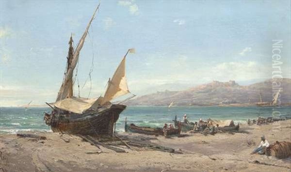 Italian Vessels Ashore, Ventimiglia Oil Painting by Edwin Hayes