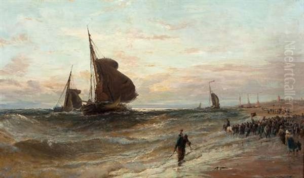 Stormy Sunset, Dutch Boats Returning From Sea, Katwyke Beach, Holland Oil Painting by Edwin Hayes