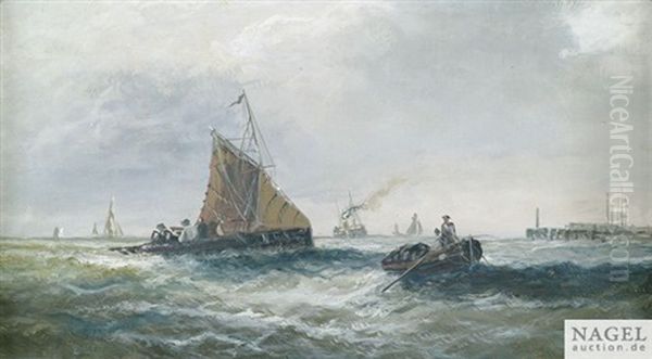 Fischerboote Und Dampfer An Einer Kuste Oil Painting by Edwin Hayes