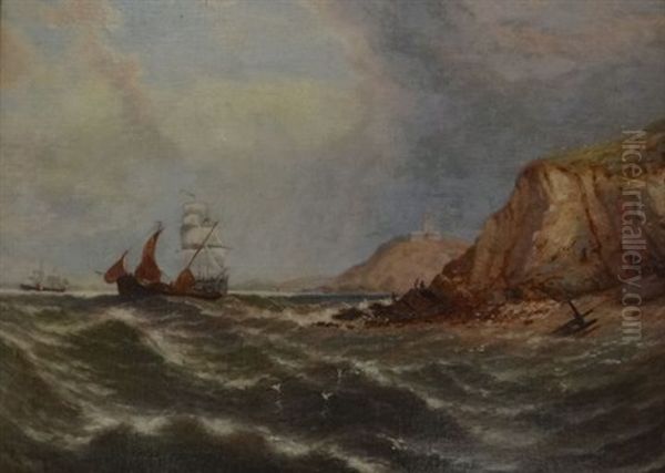 Sailing Ships In A Squally Sea By The Coast With Figures Watching Oil Painting by Edwin Hayes