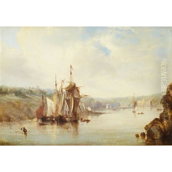 Castle ... Co. Cork (with Fishing Boats At Rest In A Narrow Harbour) Oil Painting by Edwin Hayes