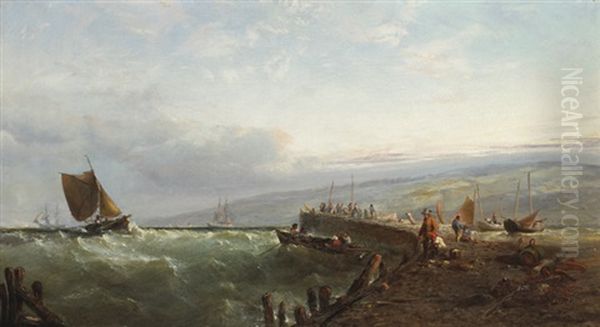 Fishing Boat Approaching A Pier In Heavy Seas Oil Painting by Edwin Hayes