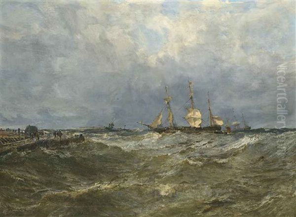 A Merchantman Heaving-to And Calling For A Pilot As She Approaches Harbor Oil Painting by Edwin Hayes