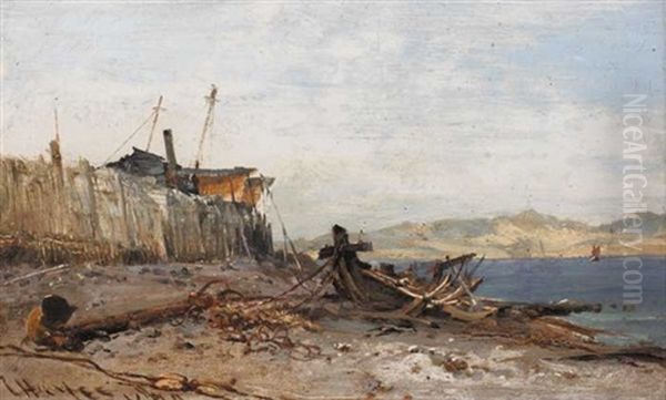 Old Pier, Old Wreck, Old Anchors At Padstow Beach Oil Painting by Edwin Hayes