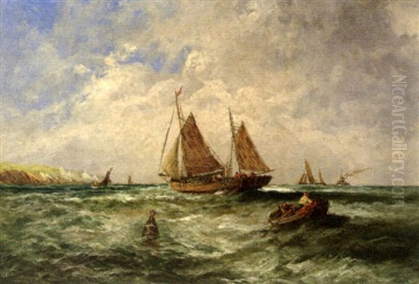 Fishing Boats Off A Coast Oil Painting by Edwin Hayes