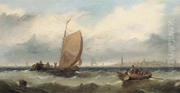 Running Inshore (+ Fishermen Hauling In Their Nets; Pair) Oil Painting by Edwin Hayes