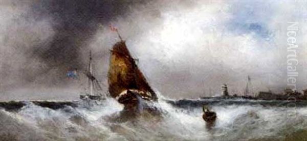 Shipping In Squally Conditions Off A Harbour Mouth (+ Running Home In A Gale, Smaller; 2 Works) Oil Painting by Edwin Hayes