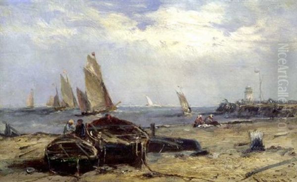 Coastal Scene With Boats And Figures Oil Painting by Edwin Hayes