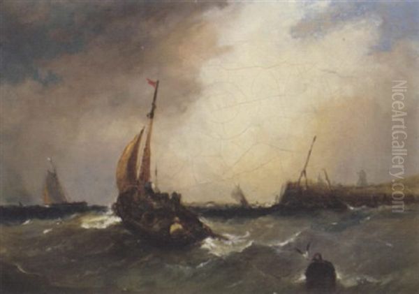 An Overloaded Fishing Boat Running Out Of Harbour Oil Painting by Edwin Hayes