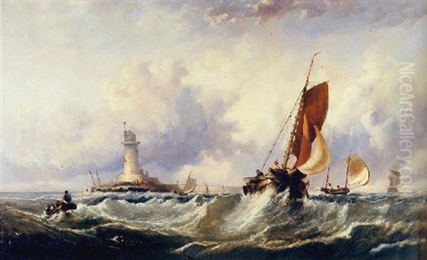 Fishing Vessels Of A Lighthouse Point Oil Painting by Edwin Hayes